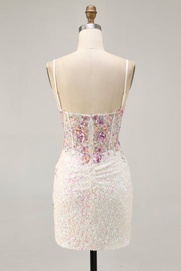Sparkly Bodycon Corset White Flower Homecoming Dress